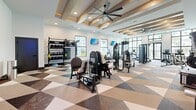 Located at 13370 Magnolia Oak Cir in North Fort Myers, FL, this fitness center offers a generously sized, single-floor space designed to support a comprehensive workout experience. The interior is defined by a striking geometric-patterned floor in neutral tones of beige, gray, and white, lending a modern, dynamic aesthetic throughout the open layout.

The ceiling is a standout architectural feature, showcasing exposed wooden beams with a coffered design, recessed lighting, and large ceiling fans that keep the space comfortable in Florida's warm climate. Full-length mirrors along one wall visually expand the room while supporting strength training form.

The facility is comprehensively equipped with a wide selection of strength machines, a full dumbbell rack, TRX suspension trainers, a medicine ball and kettlebell station, cable machines, and various resistance equipment. Cardio options include treadmills, rowing machines, stair climbers, and stationary bikes, each paired with individual screens.

Large black-framed windows along the perimeter flood the space with natural light and offer views of the surrounding community and palm trees, creating an uplifting atmosphere. Wall-mounted televisions are positioned throughout for entertainment. A glass door provides direct outdoor access, seamlessly connecting the interior to the exterior community environment.