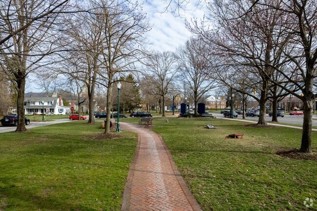The Village Green’s walkways are lined with brick.