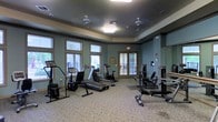 This single-floor fitness center offers a thoughtfully designed workout space with a welcoming, functional layout. The room features sage-green walls accented by warm wood-trimmed windows that allow ample natural light to filter in from multiple sides, creating a bright and open atmosphere. The neutral, speckled carpeted flooring adds a degree of comfort underfoot throughout the space. Ceiling fans are positioned overhead to aid in air circulation during workouts. The cardio section is well-stocked with treadmills, an elliptical trainer, and a stationary bike, while the strength training area includes a multi-functional cable machine, a weight bench, and a dumbbell rack. A set of double glass doors at the far end of the room provides both additional natural light and convenient access to an adjacent area or outdoor space. Safety features include a clearly marked emergency exit sign. The overall ambiance is clean, organized, and practical, making it a suitable facility for a range of fitness routines. A posted notice board near the entrance provides relevant gym information or rules for users.