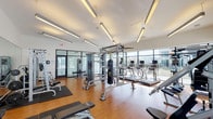 This fitness center in Houston, TX, offers a thoughtfully designed, single-floor facility built to accommodate a wide range of workout needs. The space is characterized by an open, airy layout with warm hardwood-style flooring throughout, contributing to a clean and energizing atmosphere. Elevated ceilings and an abundance of natural light, delivered through expansive floor-to-ceiling windows along multiple walls, create a bright and motivating environment while providing views of the surrounding exterior grounds.

The cardio zone is well-appointed with a row of treadmills, ellipticals, and a manual curved treadmill, each equipped with individual display screens. Strength training needs are addressed through a multi-station cable and functional trainer system, a dedicated heavy bag for boxing and combat training, and selectorized resistance machines positioned along the perimeter. A free weights area features a comprehensive dumbbell rack alongside medicine balls and battle ropes for functional fitness training.

Large mirrors on several walls visually expand the space and aid in form monitoring during exercise. Linear pendant lighting supplements the natural light, ensuring even illumination throughout. Glass partition walls and entry doors enhance the sense of openness while maintaining defined zones within the facility.