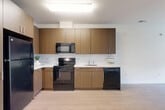 This well-designed one-bedroom, one-bathroom unit at 3534 E Capitol St NE offers a thoughtfully efficient layout across a single floor. The open-concept living, dining, and kitchen area creates a welcoming, cohesive space anchored by light wood-tone flooring throughout. The kitchen is equipped with warm walnut-finish cabinetry extending floor to ceiling for ample storage, black appliances including a refrigerator, electric range, built-in microwave, and dishwasher, along with light countertops and a clean tile backsplash. Bright overhead lighting enhances the kitchen's modern, functional aesthetic. The bedroom features plush wall-to-wall carpeting and a large window fitted with blinds that frames views of the surrounding neighborhood, allowing natural light to fill the room. Multiple closets throughout the unit provide generous storage options. The bathroom includes a combined tub and shower, a wood-finish vanity with a white countertop, and neutral tile flooring. In-unit laundry adds everyday convenience. The clean, contemporary design and neutral color palette throughout create a bright, move-in-ready environment well-suited for comfortable urban living in Washington, DC.