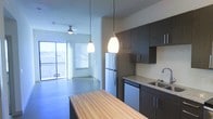 This contemporary single-floor space showcases a thoughtfully designed open-concept layout that seamlessly connects the kitchen and living areas. The kitchen is outfitted with dark flat-panel cabinetry that provides generous storage, complemented by granite countertops, stainless steel appliances including a refrigerator and dishwasher, and a double basin sink. A warm butcher block island anchors the kitchen, offering additional prep space and a natural contrast to the dark cabinetry. Pendant lighting hangs above the island, adding focused illumination and a stylish touch.

The living area benefits from expansive floor-to-ceiling windows that flood the space with natural light and provide open views to an outdoor balcony beyond. Polished concrete-style flooring runs throughout, lending an industrial yet refined aesthetic. A ceiling fan ensures year-round comfort in the living space.

The overall ambiance is clean, modern, and urban, with a neutral color palette punctuated by the rich tones of the wood island and dark cabinetry. The open flow between kitchen and living areas makes the space feel connected and functional, ideal for both everyday living and entertaining.