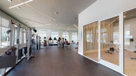 This well-appointed fitness center offers a comprehensive workout environment spread across a single, open floor plan. The space is designed with a modern aesthetic, featuring clean white walls, a neutral gray ceiling, and durable dark rubber flooring throughout. Geometric linear lighting fixtures are arranged in striking diagonal and cross patterns across the ceiling, providing bright, even illumination throughout the facility.

Large windows line one wall, flooding the space with natural light and offering direct views of an outdoor pool area and palm trees beyond. Floor-to-ceiling mirrors are strategically positioned along adjacent walls, enhancing the sense of openness. A large ceiling fan contributes to air circulation across the main workout area.

The equipment selection is extensive, including a full dumbbell rack, multiple cable and selectorized strength machines, free weight benches, rowing machines, a stationary air bike, cardio machines such as treadmills and ellipticals, and functional training tools including plyo boxes and a rig station. A separate glass-enclosed studio room with wood-look flooring adjoins the main floor, suitable for group classes or stretching. Glass-paneled entry doors and direct exterior access add convenience to this thoughtfully designed facility.