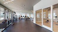 This well-appointed fitness center offers a comprehensive workout environment spread across a single, open floor plan. The space is designed with a modern aesthetic, featuring clean white walls, a neutral gray ceiling, and durable dark rubber flooring throughout. Geometric linear lighting fixtures are arranged in striking diagonal and cross patterns across the ceiling, providing bright, even illumination throughout the facility.

Large windows line one wall, flooding the space with natural light and offering direct views of an outdoor pool area and palm trees beyond. Floor-to-ceiling mirrors are strategically positioned along adjacent walls, enhancing the sense of openness. A large ceiling fan contributes to air circulation across the main workout area.

The equipment selection is extensive, including a full dumbbell rack, multiple cable and selectorized strength machines, free weight benches, rowing machines, a stationary air bike, cardio machines such as treadmills and ellipticals, and functional training tools including plyo boxes and a rig station. A separate glass-enclosed studio room with wood-look flooring adjoins the main floor, suitable for group classes or stretching. Glass-paneled entry doors and direct exterior access add convenience to this thoughtfully designed facility.