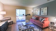 This single-floor residence centers around a well-appointed living room that balances comfort and style. The space features hardwood-style flooring that runs throughout, grounding the room with a warm, natural aesthetic. A textured ceiling adds architectural character overhead, while two-tone walls — warm tan paired with a deeper gray accent wall — create visual depth and a modern, layered feel.

Natural light is a standout feature, streaming in generously through a large sliding glass door that opens directly onto an outdoor patio. The patio, visible through the glass, offers seating and is framed by lush, leafy greenery, bringing a sense of the outdoors into the living space. This connection to the exterior enhances the overall brightness and airy feel of the room.

The living area is thoughtfully arranged with a plush sofa in warm red tones, accented by decorative pillows, and positioned around a glass-top coffee table resting on a bold, patterned area rug. Framed artwork adorns the accent wall, adding a refined, curated touch. A floor lamp provides additional ambient lighting, completing a space that feels both livable and stylishly composed.