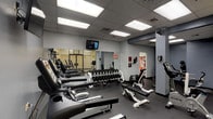 This fitness center is a comprehensive, single-floor facility designed to support a wide range of workout routines. The space features a clean, functional aesthetic with grey-painted walls, a drop ceiling with flush-panel fluorescent lighting, and durable rubber flooring throughout — a practical combination that keeps the environment bright and easy to maintain.

The cardio zone is anchored by a row of True-brand treadmills, each equipped with individual digital consoles, positioned along one wall beneath a wall-mounted television for entertainment during workouts. A wall-mounted speed bag adds a dynamic boxing element to this area.

The free weights section includes a fully stocked Icarian dumbbell rack with a wide range of weights, accompanied by adjustable weight benches for strength training. Large wall mirrors span this zone, enhancing the sense of space and allowing users to monitor their form.

The strength and cycling area houses True recumbent and upright stationary bikes alongside additional weight benches and cable machines. An Everlast heavy punching bag on a freestanding stand rounds out the boxing corner, offering a high-intensity training option.

The facility is accessed through frosted glass double doors etched with "Fitness Center," giving the entrance a professional look. Safety signage, hand sanitizer dispensers, and posted guidelines are visible throughout, reflecting a commitment to user safety and cleanliness.