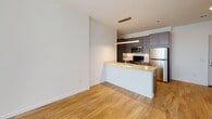 Located at 300 Decatur St in Richmond, Virginia, this single-floor unit presents a clean, modern aesthetic carried consistently throughout its layout. The open-concept kitchen serves as a focal point, equipped with stainless steel appliances including a refrigerator, range, and microwave. Dark gray cabinetry extends to the ceiling, providing generous storage, while a peninsula with a light-toned countertop and undermount sink offers additional workspace and casual seating. Pendant lighting above the peninsula and a linear fixture over the living area add a contemporary touch. Light wood-toned flooring runs continuously through the kitchen, living, and bedroom areas, contributing to a cohesive, airy feel. The living area is generously proportioned and benefits from an open connection to the kitchen. The bedroom features large floor-to-ceiling windows fitted with horizontal blinds, allowing substantial natural light while framing views of the surrounding Richmond cityscape. The bathroom is finished in neutral tones with tile flooring, a full soaking tub and shower combination, and chrome fixtures including a grab bar for added accessibility. Throughout the unit, white walls and clean lines reinforce a minimalist, contemporary character.