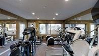 This fitness center offers a comprehensive workout environment designed to support a wide range of exercise routines. The space is outfitted with an impressive array of equipment, including elliptical machines, a treadmill, a cable weight machine, and additional strength training apparatus, providing options for both cardiovascular and resistance training.

Large windows line the walls, inviting abundant natural light into the room while offering views of the surrounding outdoor greenery. The warm, earth-toned walls create an energizing yet focused atmosphere, complemented by recessed ceiling lighting that ensures consistent illumination throughout. Full-length mirrors are positioned along one wall, enhancing the sense of openness and allowing users to monitor their form during workouts.

The flooring features durable carpet suited for a fitness environment, providing a degree of cushioning underfoot. The layout is thoughtfully arranged to maximize the available floor space, allowing for comfortable movement between equipment. The single-story design and well-maintained interior reflect a clean, functional space dedicated entirely to fitness and wellness.