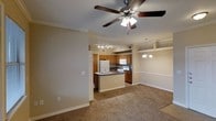 Located in Lewisville, TX, this single-floor residence offers a thoughtfully designed open-concept layout that seamlessly connects the main living areas. The living room is finished with plush carpeting and features a ceiling fan with integrated lighting, creating a comfortable and well-ventilated space. Crown molding runs throughout, adding a clean, polished architectural detail to the interior.

The kitchen is centrally positioned and well-equipped, featuring warm wood cabinetry, a peninsula with a built-in sink and dark countertops, and a full suite of white appliances including a refrigerator, oven, and built-in microwave. Track lighting overhead ensures ample task illumination across the workspace.

Adjacent to the kitchen, the dining area is distinguished by an elegant chandelier and a raised shelf detail along the upper wall, adding a decorative architectural touch. The consistent neutral color palette throughout—warm beige tones on the walls and light ceilings—creates a cohesive and inviting ambiance. The open flow between the living, dining, and kitchen areas makes the single-floor layout feel spacious and functional, well-suited for everyday living and entertaining alike.