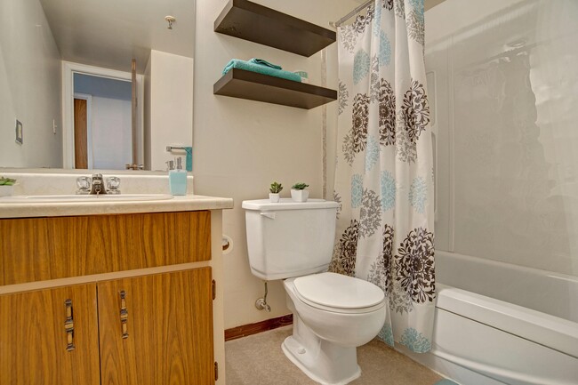 A bathroom with shower, tub, and a mirror above the sink - Centre Pointe Plaza