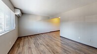 Located at 219 Freedom Dr in Belleville, IL, this one-bedroom, one-bathroom unit offers a practical and well-appointed single-floor layout. Wood-look flooring flows consistently throughout the entire space, providing a cohesive and easy-to-maintain aesthetic. The living room is generously proportioned, featuring neutral gray walls, dark baseboards, and a wall-mounted mini-split air conditioning unit, offering efficient climate control. A front entry door opens directly into this open living area, which connects seamlessly to the rest of the unit. The kitchen is designed in a galley style, outfitted with rich dark brown cabinetry, granite-look countertops, a stainless steel sink, and white appliances including a range and refrigerator. Ample upper and lower cabinet storage makes the kitchen highly functional. The bedroom is a comfortable size, featuring a ceiling fan with light fixture, a window with outdoor views of surrounding greenery, and a closet. The bathroom includes a full tub-shower combo with a clean white surround and standard fixtures. Throughout the unit, the neutral color palette and consistent flooring create a bright, clean, and move-in-ready atmosphere.