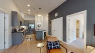 Located in Atlanta's vibrant Grant Park neighborhood, this single-floor residence offers a thoughtfully designed open-concept layout with contemporary finishes throughout. The kitchen serves as the heart of the home, showcasing sage-gray shaker cabinetry that extends to the ceiling, dark granite countertops, a glossy subway tile backsplash, stainless steel appliances, and a generous center island with pendant lighting — ideal for both cooking and casual dining. The kitchen flows seamlessly into the living area, where light hardwood-style flooring, a bold charcoal accent wall, and large windows create a bright, modern atmosphere. The living room offers ample natural light through generously sized windows dressed with sleek blinds and drapes. The bedroom is a serene retreat with plush carpeting, dual windows, and calming neutral tones. The primary bathroom features large-format tile flooring, a walk-in shower with full-tile surround, a dark-topped vanity with gray cabinetry, and built-in linen storage. A second bathroom mirrors the refined aesthetic with matching finishes. High ceilings throughout amplify the sense of space, and recessed lighting ensures every room is well-illuminated. This residence combines urban convenience with upscale residential comfort.