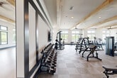 Located at 6735 Standifer Gap Rd in Chattanooga, TN, this expansive fitness center offers a comprehensive, single-floor layout designed to accommodate a wide range of workout needs. The facility is defined by its striking architectural character, featuring exposed natural wood beam ceilings that lend a warm, modern-rustic aesthetic throughout the space.

The main exercise area is generously sized, with plush carpet tile flooring and an extensive array of strength training equipment, including cable machines, weight racks stocked with dumbbells, multi-station cable systems, benches, and plate-loaded machines. Cardio equipment such as treadmills, ellipticals, and rowing machines are also well-represented. Large windows line the walls, flooding the space with natural light and offering views of the surrounding Chattanooga landscape. Full-length mirrors amplify the sense of space and allow for form monitoring during workouts.

A dedicated studio area features smooth hardwood flooring, floor-to-ceiling mirrors with bold navy accent stripes, and high ceilings — ideal for group fitness classes, stretching, or functional training. Ceiling fans throughout ensure comfortable air circulation. The overall ambiance is bright, clean, and professionally appointed, providing an inviting environment for a thorough fitness experience.