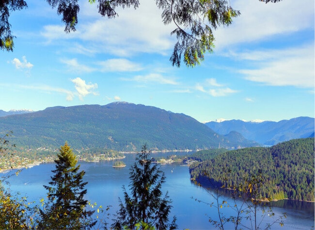 The North Shore Mountains and Burrard Inlet from Burnaby Mountain Park.