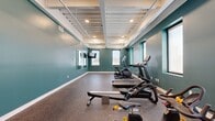 This fitness center offers a well-designed, single-floor layout that provides ample space for a full cardio and strength workout experience. The main exercise area is finished with durable speckled rubber flooring, ideal for high-traffic use, and is lined with bold teal-painted walls accented by crisp white baseboards that lend a modern, energetic atmosphere to the space.

The room is outfitted with a suite of Matrix brand equipment, including treadmills, an elliptical stair climber, rowing machines, and stationary spin bikes, providing a comprehensive range of cardiovascular training options. A wall-mounted flat-screen television adds convenience for those working out.

Soaring ceilings with exposed structural beams and integrated recessed lighting give the space an open, industrial feel while ensuring the room is well-lit throughout. Multiple windows along the walls allow natural light to filter in and offer views to the outside, contributing to an airy and motivating environment.

Access to the fitness area is gained through a glass-paneled entryway featuring both a full-lite glass swing door and a sliding glass door, connected by a bright corridor with light hardwood flooring and white shiplap wall detailing. The overall design balances functionality with a clean, contemporary aesthetic suited for an active fitness facility.