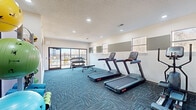 This fitness center in Millington, Tennessee offers a compact yet efficiently organized workout space designed to support a variety of exercise routines. The room is finished with stylish multi-toned teal patterned carpet tiles that cover the entire floor, complementing the clean white walls accented by a horizontal band of olive green paint. Recessed lighting throughout the textured ceiling ensures bright, consistent illumination, while multiple windows along one wall flood the space with natural light and provide views of the surrounding tree line. A large sliding glass door opens to an outdoor area, further enhancing the sense of openness. Cardio equipment is well-represented, with two treadmills and an elliptical machine positioned along one side of the room. A dedicated free weights area includes a full dumbbell rack and a weight bench, ideal for strength training. On the opposite side of the room, a ball rack holds a colorful assortment of exercise and stability balls, along with resistance accessories. A wall-mounted flat-screen television provides entertainment during workouts, and a sanitation station is conveniently located near the exit door. Posted fitness center rules ensure a structured and respectful environment for all users.