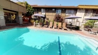 This inviting outdoor space centers around a generously sized swimming pool with clear, blue water, serving as the focal point of a well-maintained courtyard environment. The pool area is framed by a herringbone-patterned brick deck that adds a classic, structured aesthetic to the surroundings. Multiple lounge chairs are arranged poolside, offering ample space for sunbathing and relaxation, while several patio tables paired with umbrellas provide shaded seating for outdoor dining or casual gatherings. A separate spa or wading area is also visible adjacent to the main pool, complete with safety equipment including a life ring mounted nearby. The courtyard is enclosed by iron fencing and bordered by thoughtfully maintained landscaping, featuring a variety of plants including palms, ornamental shrubs, flowering roses, and mature trees that introduce natural greenery and privacy throughout the space. The surrounding building features a multi-level facade with balconies, sliding glass doors, and exterior window units, giving the complex a classic California residential character. Exterior lighting is integrated throughout the pool deck, ensuring the area remains functional and welcoming into the evening hours. The overall ambiance is relaxed and resort-like, ideal for outdoor leisure.