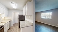 Located at 901 Chalk Level Rd in Durham, NC, this freshly updated single-floor residence offers a clean, modern aesthetic throughout. The galley-style kitchen is a standout feature, outfitted with crisp white shaker cabinetry, granite countertops, stainless steel appliances including a refrigerator and electric range, and a single-basin sink — all set on light wood-look luxury vinyl plank flooring. The open layout connects the kitchen to the living area, which features a bold accent wall in a cool blue-gray tone, adding a contemporary design element to the space. Natural light filters into the living and bedroom areas through blinded windows, creating a bright and airy atmosphere. The bedrooms are well-proportioned, with wood-look flooring, neutral gray walls, and windows that allow for ample natural light. One bedroom includes a convenient en-suite bathroom access. The bathroom is appointed with a granite-topped vanity, white cabinetry, a wall-mounted mirror, and a clean white tub/shower surround. Textured ceilings are present throughout the unit, adding subtle visual depth. The overall design is neutral and move-in ready, with updated finishes that provide a fresh, comfortable living environment.