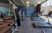 This modern fitness center is thoughtfully designed to support a full range of workout routines in a sleek, comfortable environment. The space is anchored by a striking wall of floor-to-ceiling windows that floods the interior with natural light and offers open views of the surrounding courtyard and building exterior, creating an energizing atmosphere for exercise.

The cardio zone is well-stocked with a row of TRUE-brand treadmills and elliptical machines positioned directly in front of the expansive windows, along with cycling bikes and a rowing machine, providing a comprehensive selection of aerobic equipment. A mounted flat-screen television adds to the experience for those engaging in longer cardio sessions.

The strength training area is equally well-appointed, featuring a cable/pulley multi-use machine, a dedicated weight bench, and a full rack of dumbbells spanning a wide range of sizes. A large wall mirror extends the visual depth of the space and allows users to monitor their form during workouts. Additional functional fitness accessories are available, including resistance bands, medicine balls, stability balls, and foam rollers, neatly organized on a dedicated storage rack.

The interior design features deep blue and charcoal-toned walls paired with patterned carpet flooring, giving the space a polished yet functional aesthetic. Recessed and overhead lighting supplements the abundant natural light, ensuring the space is well-lit at all hours.
