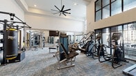 This fitness center is designed to accommodate a full range of workout needs within a bright, open, and airy environment. The space is defined by its dramatically high ceilings, which are complemented by large, floor-to-ceiling windows that flood the interior with abundant natural light and provide views of the surrounding exterior. A large ceiling fan anchors the center of the room, contributing to both the aesthetic and ventilation of the space.

The flooring throughout consists of durable, patterned carpet tiles in neutral blue and gray tones, providing comfort and traction across the workout areas. Full-length mirrors line portions of the walls, visually expanding the space and allowing users to monitor their form during exercise.

The equipment layout is thoughtfully organized, with dedicated zones for cardio and strength training. The cardio section features multiple treadmills and stationary cycling machines positioned near the large windows. The strength training area is comprehensively outfitted with Matrix-brand cable machines, a functional training rack, weight benches, and multiple freestanding dumbbell racks stocked with a full range of weights. Stair climbers and additional resistance machines round out the selection, ensuring a thorough and versatile fitness experience for users of all training levels.