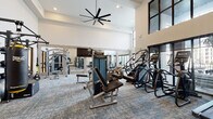 This fitness center is designed to accommodate a full range of workout needs within a bright, open, and airy environment. The space is defined by its dramatically high ceilings, which are complemented by large, floor-to-ceiling windows that flood the interior with abundant natural light and provide views of the surrounding exterior. A large ceiling fan anchors the center of the room, contributing to both the aesthetic and ventilation of the space.

The flooring throughout consists of durable, patterned carpet tiles in neutral blue and gray tones, providing comfort and traction across the workout areas. Full-length mirrors line portions of the walls, visually expanding the space and allowing users to monitor their form during exercise.

The equipment layout is thoughtfully organized, with dedicated zones for cardio and strength training. The cardio section features multiple treadmills and stationary cycling machines positioned near the large windows. The strength training area is comprehensively outfitted with Matrix-brand cable machines, a functional training rack, weight benches, and multiple freestanding dumbbell racks stocked with a full range of weights. Stair climbers and additional resistance machines round out the selection, ensuring a thorough and versatile fitness experience for users of all training levels.