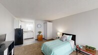 Located at 855 Louisville Rd in Frankfort, Kentucky, this efficient one-bedroom, one-bathroom unit offers a thoughtfully arranged single-floor layout that maximizes every inch of available space. The main living and sleeping area is generously proportioned relative to the overall footprint, featuring wall-to-wall carpeting, neutral gray walls, and a textured ceiling. A large window with vertical blinds allows ample natural light to fill the room, creating a bright and airy atmosphere. The transition from carpet to wood-look vinyl flooring marks the shift into the kitchen and bathroom zones. The kitchen is neatly appointed with white cabinetry, granite-style laminate countertops, a stainless steel sink, and an over-the-range microwave, offering a clean and functional cooking space. The bathroom features a full tub and shower combination with white tile surround, a toilet, wood-look vinyl flooring, and a vanity with a countertop sink and lighted mirror. A curtained partition within the main room provides a flexible division between the sleeping and living areas. The unit's straightforward, open design makes it easy to personalize and maintain, offering a practical living solution in a convenient Frankfort location.