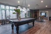 Located at 24382 Eastwood Village Dr in Clinton Township, Michigan, this single-floor entertainment space is thoughtfully designed for social gatherings and recreation. The interior is finished with warm light wood-tone flooring throughout, set against cool charcoal-gray walls that lend the space a sleek, modern atmosphere.

The centerpiece of the main game area is a striking black pool table with light felt, positioned beneath a bold, tiered pendant light fixture that serves as a dramatic focal point. Recessed lighting complements the overhead fixture, ensuring the room is well-lit. Wall-mounted round mirrors and a cityscape framed print add a polished decorative touch.

Adjacent to the pool area, a dedicated lounge zone features a round bar-height table with industrial-style stools, set atop a circular area rug. A dart board cabinet is mounted on a wood-panel accent wall nearby. Large windows along this section of the space flood the room with natural light and offer serene views of the surrounding wooded landscape.

The space also includes two sets of white double closet doors, providing ample built-in storage. An open doorway connects to a bright living area with coffered ceiling details and natural light, enhancing the sense of flow and spaciousness. The overall ambiance is contemporary yet inviting, making it an ideal venue for entertaining.