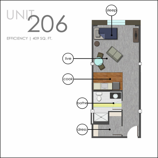 Plano de planta de eficiencia pequeña - 8 7th Street Flats