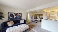 This single-floor residence offers a thoughtfully arranged layout that balances comfort and functionality. The living area serves as the heart of the home, featuring plush carpeting, an arched doorway, and a built-in shelving unit that adds both character and storage. A half-wall peninsula seamlessly connects the living space to the kitchen, while a dedicated dining area with a round table and modern chairs sits nearby, making the open-concept design ideal for everyday living and entertaining.

The galley-style kitchen is efficiently designed with light wood cabinetry lining both walls, providing ample storage. White appliances — including a refrigerator, range, microwave, and dishwasher — are neatly integrated, and wood-look flooring adds a clean, modern touch to the space.

Two bedrooms offer comfortable retreats, each featuring soft carpeting, a ceiling fan, and windows that allow natural light to filter in with views of surrounding greenery. The rooms provide a calm and restful ambiance.

The bathroom is finished with a light wood vanity, a large backlit mirror, and a tub-shower combination, maintaining the cohesive, warm aesthetic found throughout the rest of the home. Overall, the space presents a welcoming and practical living environment with consistent, neutral tones and natural finishes.