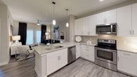 This 1-bedroom, 1-bathroom residence is designed with modern aesthetics and functional living in mind. The open-concept layout seamlessly connects the kitchen, dining, and living areas, creating a cohesive and inviting atmosphere throughout. The kitchen is outfitted with crisp white shaker cabinetry, granite countertops, stainless steel appliances including a range, microwave, dishwasher, and refrigerator, and a peninsula island with pendant lighting and a double sink — ideal for both cooking and casual entertaining. Wood-style plank flooring runs through the main living areas, adding warmth and continuity to the space. The living area features a bold geometric-patterned area rug and large windows that invite abundant natural light. The bedroom is a serene retreat with plush carpet, a ceiling fan, and dual windows offering outdoor views. It connects directly to the full bathroom, which boasts a wide vanity with granite countertops, a soaking tub with shower, and wood-style flooring. A walk-in closet provides generous storage. Throughout the residence, neutral tones, contemporary artwork, and curated décor accents contribute to a polished and cohesive design.
