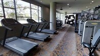 This fitness center is designed to provide a comprehensive workout environment within a single, open-plan floor. The space is lined with large windows along one side, allowing abundant natural light to fill the room while offering views of the surrounding greenery — an inviting backdrop for cardio sessions. A row of treadmills is prominently positioned to take advantage of these views, supplemented by elliptical trainers and additional cardio equipment arranged throughout the space. Structural columns punctuate the layout, adding an architectural element without disrupting the flow of the floor plan. A ceiling fan overhead contributes to air circulation, maintaining comfort during workouts. The flooring features a richly patterned, decorative carpet that adds a layer of visual warmth and sophistication uncommon in typical fitness spaces. Toward the rear of the room, a bold geometric shelving unit with a black-and-white pattern serves as a striking design focal point. Recessed lighting in the ceiling complements the natural light, ensuring the space remains well-lit throughout the day. Overall, the fitness center balances function and aesthetics, offering a well-appointed environment suited for a variety of cardiovascular training routines.