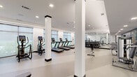 Located on Stadium Way in Madison, Alabama, this fitness center offers a comprehensive workout environment within a single-floor layout designed for both cardio and strength training. The space is characterized by a clean, modern aesthetic, with white walls, white structural columns accented by dark caps, and light-toned flooring that creates a bright, open atmosphere throughout.

Large windows line the perimeter walls, allowing ample natural light to filter in and providing views of the surrounding exterior. Recessed lighting and ceiling fans supplement the natural light, ensuring consistent illumination across all areas of the space.

The cardio zone features a row of treadmills equipped with individual digital screens, alongside elliptical trainers and stationary and upright bikes. A dedicated strength training area includes a rack system stocked with dumbbells in a full range of weights, a multi-functional cable machine, weight benches, and a power rack. Floor-to-ceiling mirrors along one wall visually expand the space while offering functional feedback during workouts.

An additional functional training area near the entrance showcases a storage rack with resistance bands, medicine balls, and other accessories, set against a decorative textured accent wall. Green-framed glass entry doors add a polished architectural detail.