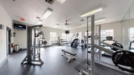 This fitness center is a comprehensively outfitted single-floor facility designed to support a wide range of workout routines. The space is bright and open, with multiple windows along the walls that allow abundant natural light to fill the room and provide views of surrounding greenery. Overhead, a combination of flush fluorescent lighting and a ceiling fan ensures consistent illumination and airflow throughout.

The flooring consists of durable rubber gym matting, providing traction and impact absorption across the workout areas. One full wall is lined with large mirrors, visually expanding the space and allowing users to monitor their form during exercise.

The cardio section features a row of treadmills, a stair climber, and a stationary bike, while a rowing machine occupies a dedicated corner. For strength training, the facility includes a multi-function cable machine, a squat/power rack, and an adjustable weight bench. A well-stocked free weight area offers a full rack of dumbbells, kettlebells in various sizes, and medicine balls neatly organized on tiered racks.

A wall-mounted television is positioned for easy viewing during workouts. Direct exterior access is provided through a glass-paneled door. The overall ambiance is clean, functional, and well-maintained, making it a practical and versatile fitness facility.