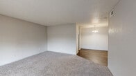 This single-floor, one-bedroom, one-bathroom unit offers a practical and functional layout designed to maximize every square foot of its living space. The combined dining room, kitchen, and living room forms the heart of the unit, with the living area featuring soft carpeting, neutral walls, and a textured ceiling. A pendant light fixture marks the dining area, which flows seamlessly into the galley-style kitchen. The kitchen is well-appointed with white cabinetry, dark granite-style countertops, dark hardwood-style flooring, a double sink, and black appliances including a range and dishwasher — providing ample storage and prep space in an efficient corridor layout. The entryway features a large window that allows natural light to fill the space. The bedroom is a comfortable size, finished with plush carpet, a ceiling fan with light fixture, and a window overlooking greenery. Two closets provide generous storage, including a walk-in closet with dual hanging rods on opposing walls. The bathroom includes a white vanity with dark granite countertop, a full tub-shower combo with tile surround, and hardwood-style flooring. A hallway connects the private areas of the unit, completing this cohesive and efficiently designed home.