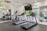This fitness center is housed in a bright, airy space defined by its striking vaulted ceiling, which rises to impressive heights and is complemented by multiple skylights that flood the room with natural light. Dual ceiling fans help maintain a comfortable environment during workouts. Large windows and glass-paneled doors line the walls, offering views of the surrounding outdoor area and further enhancing the sense of openness throughout the space.

The flooring is covered with durable, dark rubberized gym matting, providing both safety and stability for a wide variety of exercises. A large wall-mounted mirror expands the visual depth of the room and assists users in monitoring their form during training sessions.

The cardio section is well-appointed with multiple Matrix-brand treadmills, an elliptical trainer, and a stair stepper, all arranged to take advantage of the natural light and outdoor views. A wall-mounted flat-screen television is positioned for easy viewing from the cardio equipment.

The strength training area includes a multi-function cable machine, an adjustable workout bench, a full rack of dumbbells ranging across various weights, a stability ball, and kettlebells. Recessed lighting supplements the natural light, ensuring the space remains well-lit at all times. The overall ambiance is clean, modern, and inviting, encouraging an effective and enjoyable workout experience.