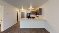 This single-floor residence is designed with a practical, open-concept layout that connects the kitchen and living area into one cohesive space. The kitchen is well-appointed with dark espresso-toned cabinetry offering ample upper and lower storage, light-toned countertops, and a suite of black appliances including a refrigerator, electric range, over-the-range microwave, and dishwasher. A peninsula counter extends into the living space, providing additional workspace and a natural division between the two areas. Wood-look plank flooring runs throughout the kitchen and living areas, adding warmth and durability underfoot. The living area is bright, receiving natural light through large vertical-blind-covered windows or sliding door access.

The bedroom is a comfortable, quiet retreat featuring plush wall-to-wall carpeting and a window fitted with blinds for natural light control. The full bathroom is clean and functional, equipped with a single-sink vanity topped with a light countertop, dark cabinetry below, a large mirror, and a shower-tub combination with a curtain rod. Wood-look flooring continues into the bathroom, maintaining a consistent aesthetic. Overall, the unit offers a clean, modern interior with consistent finishes and a straightforward, efficient floor plan.