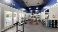 This fitness center is a thoughtfully designed, single-room exercise facility offering a comprehensive range of workout equipment within a compact yet efficiently organized footprint. The space is immediately distinguished by its bold navy blue upper walls and ceiling, which contrast sharply with the light gray lower walls, creating a dynamic and energizing atmosphere conducive to exercise.

The room is outfitted with a variety of cardio machines, including treadmills, an elliptical trainer, a recumbent bike, and a stair climber, all arranged to maximize available floor space. Strength training is well-represented with a cable resistance machine, adjustable weight benches, and a rack of dumbbells positioned along the mirrored wall. The full-length mirrors on one wall not only visually expand the space but also allow users to monitor their form during workouts. A wall-mounted flat-screen television adds to the functionality of the space.

Ceiling fans and recessed lighting provide comfortable illumination and airflow throughout. French doors along one wall open directly to an outdoor pool and patio area, allowing natural light to filter in and providing convenient access to the exterior amenity space. Durable rubber flooring throughout ensures safety and practicality.