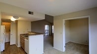 This single-story space showcases an open-concept layout that connects the kitchen and living area seamlessly. The kitchen features a peninsula with a granite-style countertop, an integrated sink, a dishwasher, and warm wood-toned cabinetry, providing functional workspace and a natural division between the cooking and living zones. The flooring transitions from hard surface in the kitchen to plush carpeting in the living area, adding warmth and comfort underfoot.

A standout architectural detail is the vaulted ceiling in the living area, which creates a sense of spaciousness and visual interest. The walls are finished in neutral beige and taupe tones, complemented by a darker accent wall that adds depth and dimension to the space. A sliding glass door at the far end of the living area allows natural light to filter in and provides access to an outdoor area.

Ceiling vents ensure consistent climate control throughout, and an additional doorway visible from the main space suggests further rooms beyond. Overall, the layout balances openness with defined functional zones, making the space both practical and inviting.