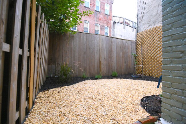 on left, a tall grass, still young. On right, a dwarf Fuji apple and a Hardy Kiwi - 217 Fairmount Ave