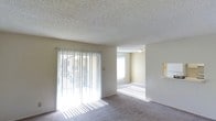 This single-floor residential unit offers a clean, functional layout designed for comfortable everyday living. The main living area is a highlight of the space, featuring a full-width sliding glass door dressed with vertical blinds that invite generous natural light while providing direct access to an outdoor patio or balcony area. The soft, neutral-toned carpet throughout the living space adds warmth underfoot and complements the light beige walls. A textured popcorn ceiling runs throughout, adding a classic residential character to the interior. The open layout connects seamlessly to an adjacent room — visible through a wide pass-through opening — which benefits from its own window, filling the space with additional natural light and creating a bright, airy atmosphere. The neutral color palette of soft whites and warm beiges throughout creates a cohesive and welcoming environment that serves as a versatile canvas for personalization. Overall, the unit presents a straightforward, well-lit living space with practical design features, making it a comfortable and functional single-story home.