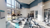 Located at 11701 Mira Lago Blvd in Farmers Branch, Texas, this contemporary fitness center is thoughtfully designed to deliver a premium workout experience. The space is defined by its dramatically high ceilings accented with deep teal upper walls and a warm neutral band, creating a striking two-tone architectural backdrop. Suspended circular pendant lights add a modern touch, while recessed ceiling lights ensure the space is well-illuminated throughout.

Floor-to-ceiling black-framed windows line the exterior wall, flooding the main workout area with abundant natural light and offering direct views of an outdoor pool and courtyard surrounded by the broader community. The openness created by this expansive glazing lends the space an airy, energizing atmosphere.

The fitness floor features a diverse array of cardio equipment, including treadmills, rowing machines, and elliptical trainers, all arranged to take full advantage of the natural light and outdoor views. A separate strength training area, accessible through glass-panel doors, houses cable machines and additional equipment. Full-length mirrors are strategically placed to enhance the sense of space and support proper exercise form.

Durable, patterned carpet flooring with teal accent stripes ties the design together, complementing the overall color palette. The layout flows seamlessly between cardio and strength zones, making this fitness center a well-equipped and visually impressive amenity.