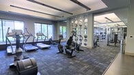 This fitness center offers a thoughtfully designed workout environment spread across a single level. The space is outfitted with a variety of modern cardio equipment, including treadmills, stationary bikes, and elliptical trainers, arranged to allow comfortable movement throughout the floor. Durable, patterned carpet tiles cover the floor, providing both function and visual appeal. A standout architectural feature includes columns adorned with circular mirrored cutouts, adding a contemporary decorative element while visually expanding the space. Large windows along one wall flood the interior with natural light and offer views of surrounding greenery, creating an open and energizing atmosphere. Overhead, exposed beam-style ceiling details add an industrial touch to the otherwise polished aesthetic. Curtains frame the windows, contributing a soft contrast to the harder surfaces of the equipment and flooring. Additional equipment is visible toward the rear of the space, suggesting a well-rounded selection of workout options. The overall ambiance is modern and functional, balancing an inviting aesthetic with the practical needs of an active fitness environment.