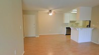 This single-floor space offers an open-concept layout that seamlessly connects the living area to the kitchen. The living space is finished with light hardwood-style flooring that extends throughout, contributing to a clean and cohesive aesthetic. A ceiling fan with an integrated light fixture is centrally positioned overhead, providing both air circulation and ambient lighting.

The entry door is located along the wall of the main living area, offering a straightforward and accessible entry point. Neutral beige walls complement the light flooring, creating a bright and airy atmosphere throughout the space.

The kitchen is positioned along one side of the open layout, partially separated by a breakfast bar-style counter with white paneling. White upper cabinetry lines the kitchen walls, paired with light countertops and a stainless steel dishwasher. A sink is situated beneath under-cabinet lighting, adding functional task illumination. The open configuration between the kitchen and living area encourages an inclusive, connected feel suitable for everyday living and casual entertaining.
