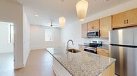 This 550 square foot apartment in Newport News, VA offers a thoughtfully designed living space. The single-floor layout comprises one bedroom, one bathroom, and an open-concept living area. The primary bedroom, measuring 120 square feet, provides ample space for rest and relaxation.

The kitchen is a highlight, featuring modern stainless steel appliances, including a refrigerator, stove, and built-in microwave. Light wood cabinetry and granite countertops add a touch of elegance, while the galley-style layout maximizes efficiency.

Throughout the apartment, large windows allow natural light to flood the space, creating an airy atmosphere. The bedroom and living area boast neutral-toned carpeting, while the kitchen and bathroom feature easy-to-maintain tile flooring.

The bathroom is equipped with a full-sized bathtub and shower combination, complemented by clean, white fixtures. A modern ceiling fan in the main living area ensures good air circulation.

The apartment's design emphasizes functionality and style, with crisp white walls, baseboards, and trim work throughout. This contemporary space is ideal for those seeking a low-maintenance, urban lifestyle in a prime location.