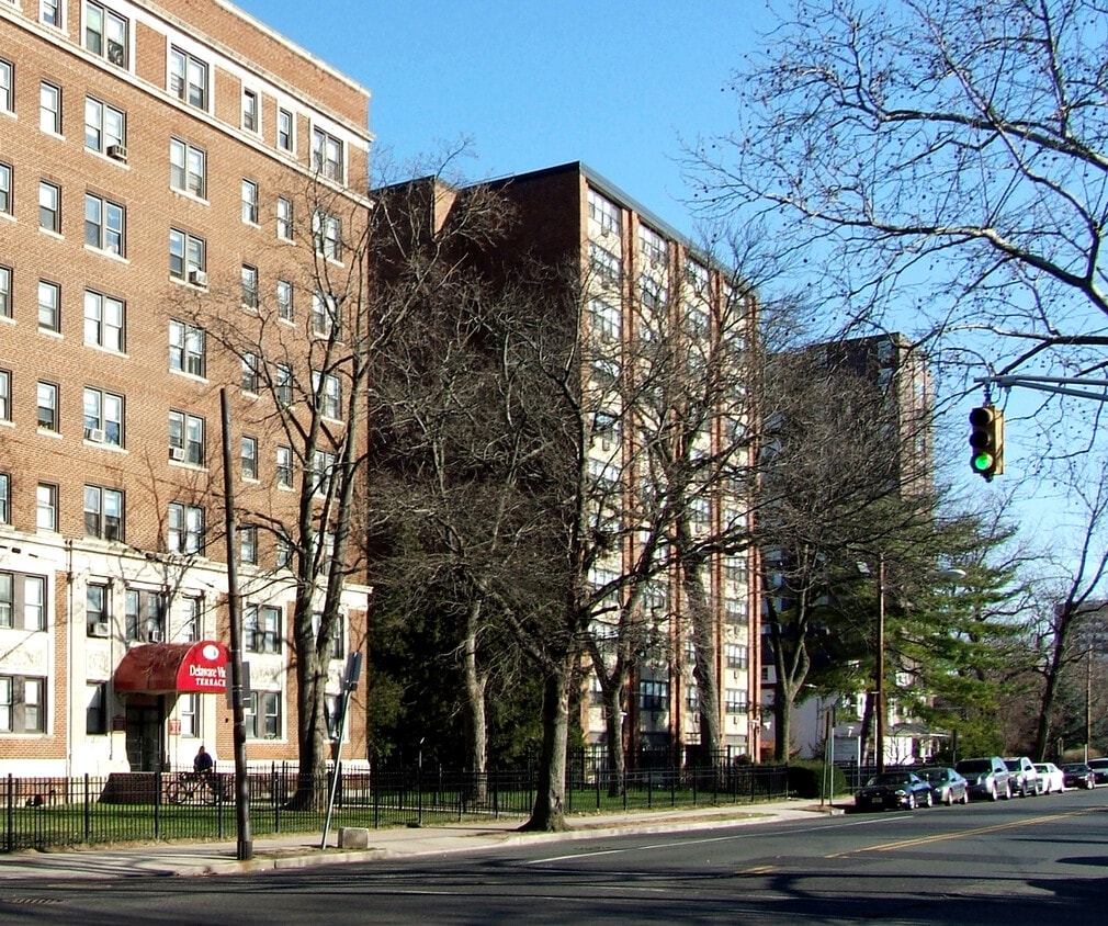 View from the northwest along State Street between the Delaware View Terrace and Rowan Towers apartments - J. Conner French Towers