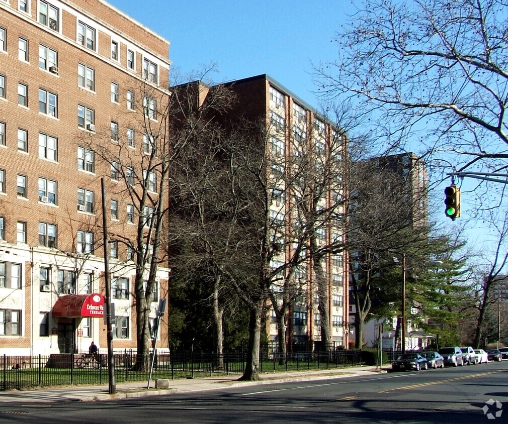 View from the northwest along State Street between the Delaware View Terrace and Rowan Towers apartments - J. Conner French Towers
