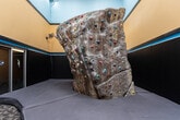 Located at 2635 E Stringham Ave in Salt Lake City, UT, this single-floor fitness facility offers a well-rounded, activity-focused environment designed for both climbing and functional training. The space is immediately striking thanks to its soaring ceiling height, which accommodates a large, freestanding indoor climbing boulder as its centerpiece. The boulder features a textured, rock-like surface studded with multicolored climbing holds across multiple faces and angles, providing a range of challenge levels for climbers. Thick crash pads surround the base, ensuring a safe bouldering experience. The walls are finished in bold two-tone blue and yellow, giving the space an energetic, modern aesthetic. Durable rubber flooring and patterned carpet tile define distinct activity zones throughout the room. Along one wall, wall-mounted pull-up bars and TRX suspension training systems are installed, offering options for bodyweight and functional strength training. Rowing machines and additional cardio equipment are positioned nearby, rounding out the training offerings. A wall-mounted fan aids in air circulation, and the space is accessible through a glass-door entryway. The overall design is functional, efficient, and purpose-built for an active fitness experience.