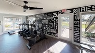 This fitness center is thoughtfully designed to inspire and support an active lifestyle. The space is anchored by bold design choices, most notably a striking black-and-white motivational mural covering an entire accent wall, featuring high-energy phrases such as "Mind Over Matter," "Make It Happen," and "No Excuses," setting an energizing tone throughout. Contrasting teal accent walls add a vibrant pop of color against the crisp white ceiling and clean white trim, while durable wood-look flooring runs throughout the space, offering both style and practicality. Large windows flood the room with natural light and provide views to the outdoors, creating an open and inviting atmosphere. Ceiling fans maintain air circulation for a comfortable workout environment. The fitness center is well-stocked with a comprehensive lineup of TRUE-branded cardio equipment, including treadmills, ellipticals, and a recumbent bike, alongside a multi-station cable strength training machine and a freestanding dumbbell rack. Full-length mirrors on one wall enhance the sense of space and allow for form monitoring. A wall-mounted flat-screen television adds to the experience, while a convenient accessible restroom and an adjacent refreshment area with cabinetry complete the amenities of this polished, fully appointed fitness facility.