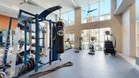 This modern fitness center offers a spacious, single-floor layout designed to accommodate a wide variety of workout styles. The facility is immediately distinguished by its dramatic double-height ceilings and expansive floor-to-ceiling windows that flood the interior with natural light and provide open views of the surrounding outdoor community spaces. Ceiling fans are positioned throughout to maintain comfortable airflow during workouts.

The flooring consists of durable, speckled rubber-style material suited for high-traffic athletic use. The space is divided into functional workout zones, including a dedicated strength training area featuring a multi-functional cable and rack system, a TKO heavy punching bag, battle ropes, kettlebells, and medicine balls. A separate section houses a selection of cardio equipment, including treadmills, elliptical trainers, and stair climbers.

Accent walls in warm orange and cool slate blue add visual depth and a modern aesthetic alongside crisp white built-in shelving and a granite-topped counter station with integrated storage. Wall-mounted flat-screen televisions are positioned for easy viewing throughout the space. Large mirrors along one wall enhance the sense of openness and support form-focused training. The overall ambiance is bright, energizing, and professionally appointed.