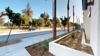 This single-story exterior space presents a well-designed streetfront environment that blends architectural detail with carefully planned landscaping. The building facade is finished in a clean stucco exterior, complemented by raised white concrete planter beds that line the perimeter. These planters are filled with drought-tolerant grasses, ornamental shrubs, olive trees, and mulched ground cover, reflecting a low-water landscaping approach suited to the warm Southern California climate.

A standout feature along the facade is a vibrant, geometric mosaic set within an arched niche — its bold pattern of diamonds in red, yellow, teal, and blue adds a striking artistic focal point to the otherwise neutral exterior. Ornate bronze-toned security gates with decorative scrollwork provide a refined yet functional entry element, accompanied by modern wall-mounted exterior lighting fixtures.

Tall slender palm trees punctuate the streetscape, creating visual rhythm along the sidewalk and contributing to the open, sun-drenched ambiance. The wide, newly poured concrete walkway runs the length of the building, offering a clean pedestrian path. Views from the property extend across an open boulevard lined with mature shade trees, giving the space an airy, accessible feel under clear blue skies.